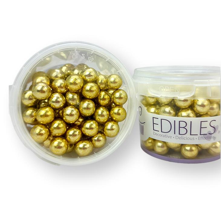 10mm Chocolate Filled Gold Sugar Pearls (Balls), 80g Tub - Cake